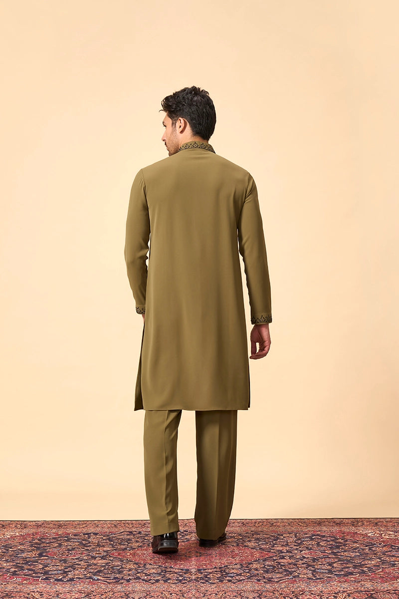 Embroidered Olive Tencel Silk Kurta set