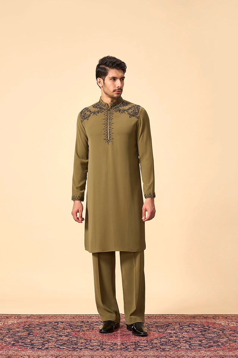 Embroidered Olive Tencel Silk Kurta set