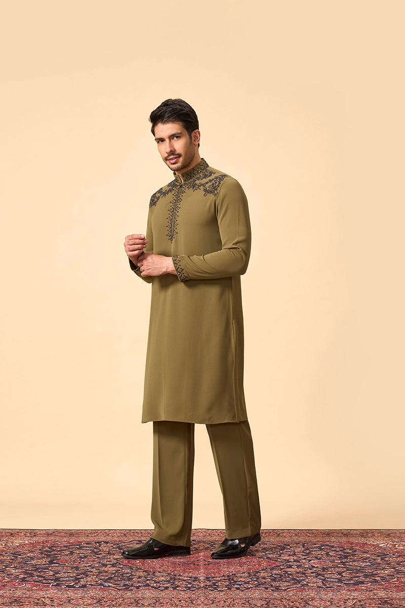 Embroidered Olive Tencel Silk Kurta set