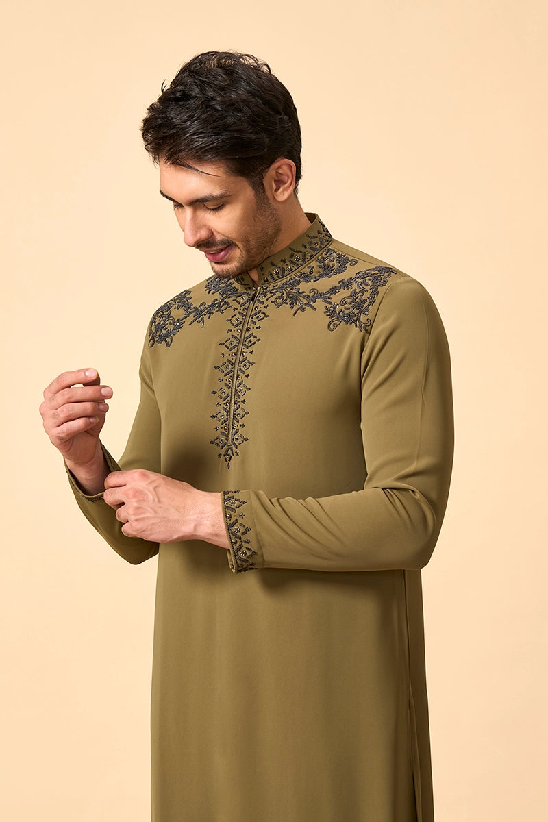 Embroidered Olive Tencel Silk Kurta set