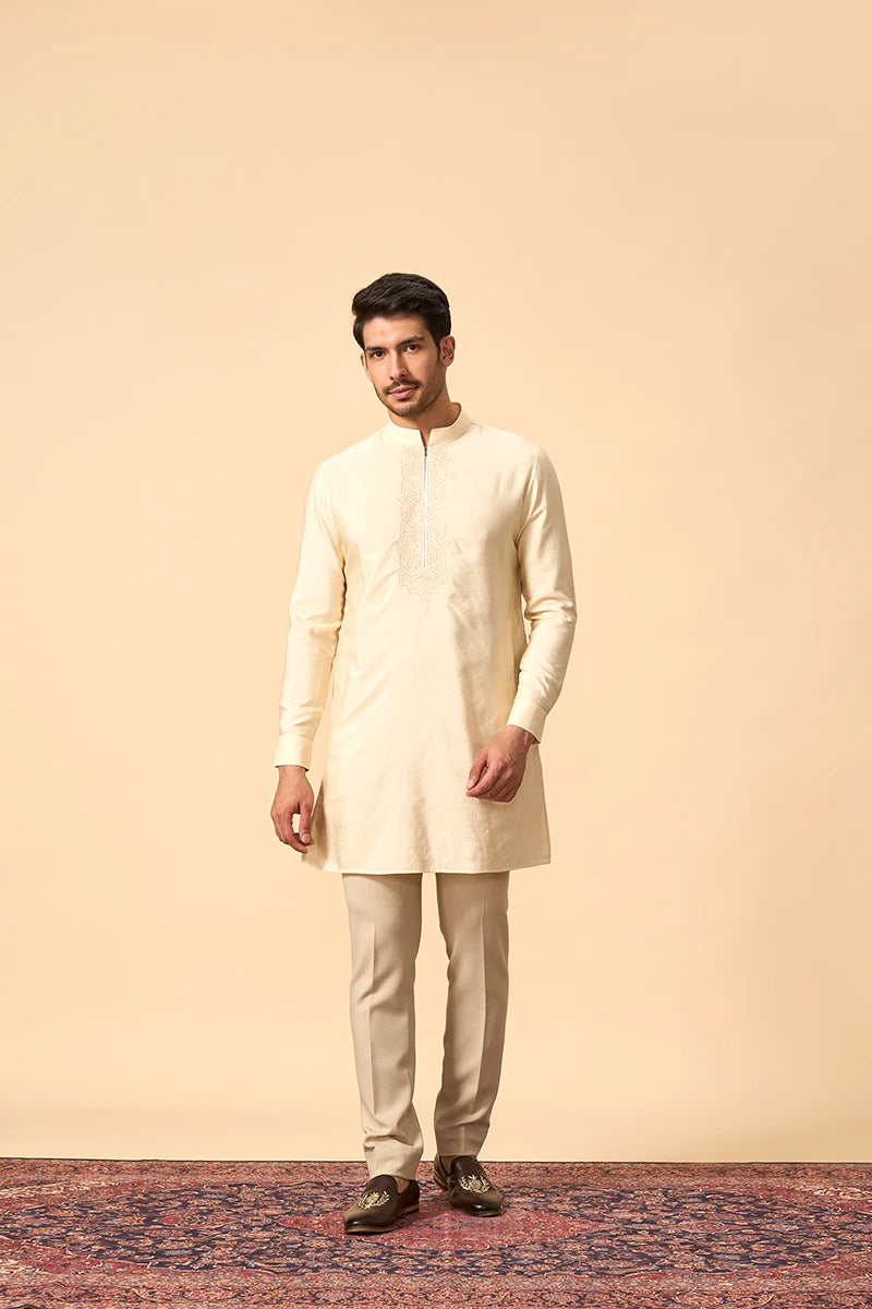 Beige colour Resham & Moti Embroidered Indo-Western Jacket Set