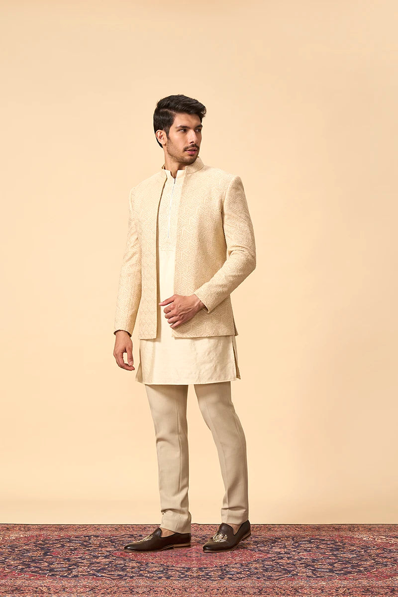 Beige colour Resham & Moti Embroidered Indo-Western Jacket Set