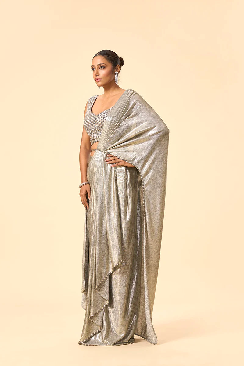 Grey metallic drape saree with embroidered blouse