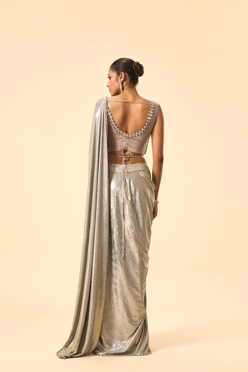 Grey metallic drape saree with embroidered blouse