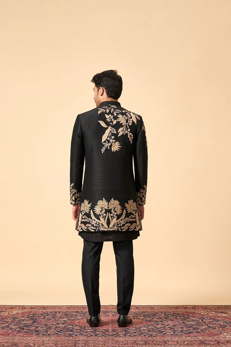 Black Raw Silk Indo-Western Set with Resham & Zari Embroidery