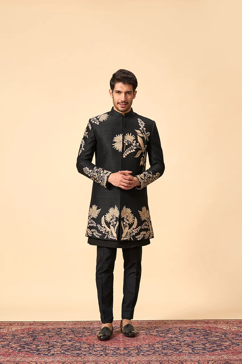 Black Raw Silk Indo-Western Set with Resham & Zari Embroidery
