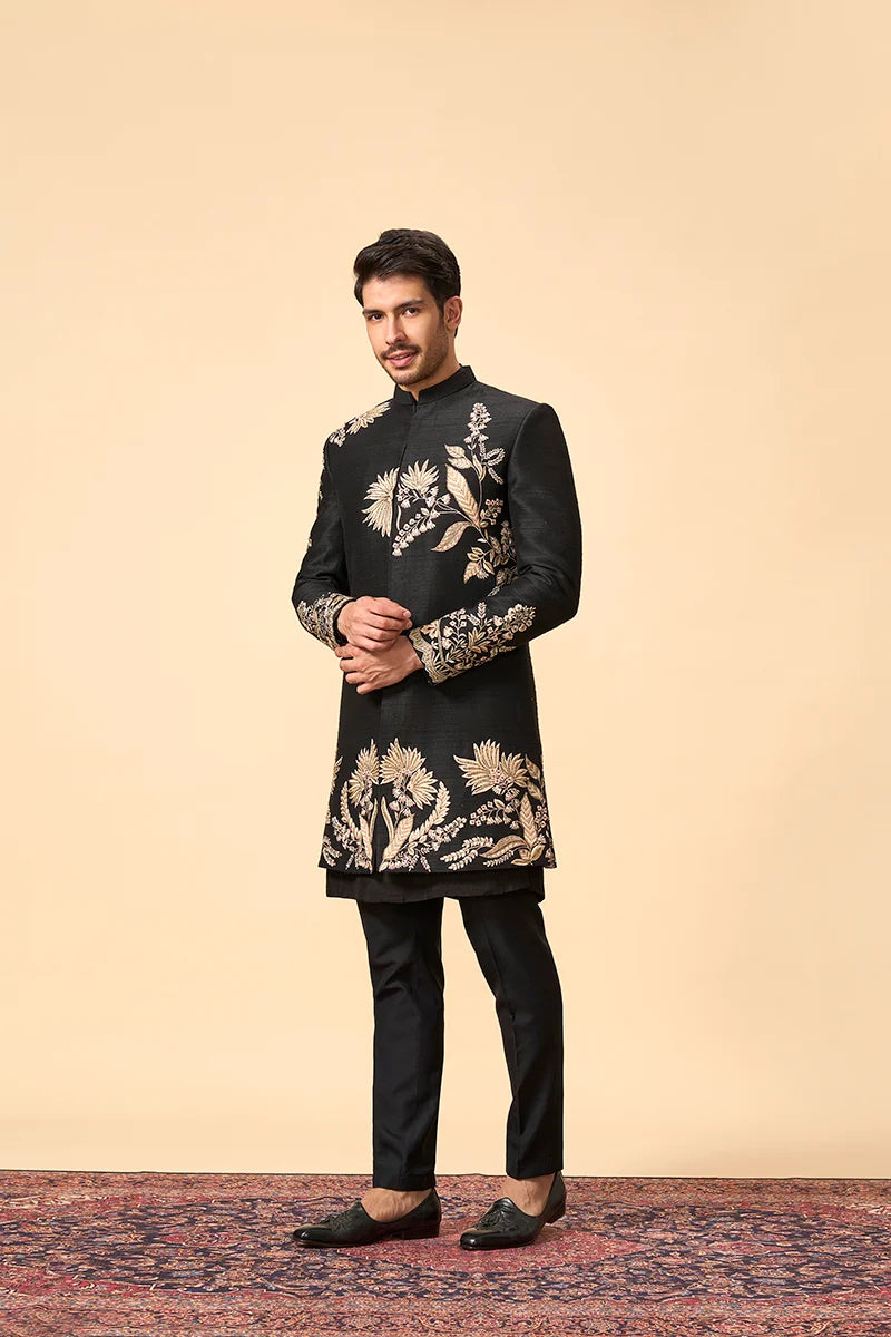Black Raw Silk Indo-Western Set with Resham & Zari Embroidery