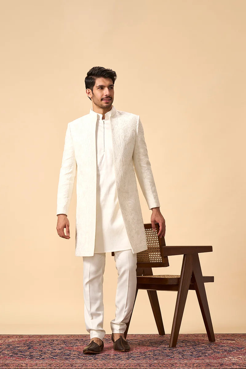 Ivory Resham-Embroidered Silk Indo-Western Set