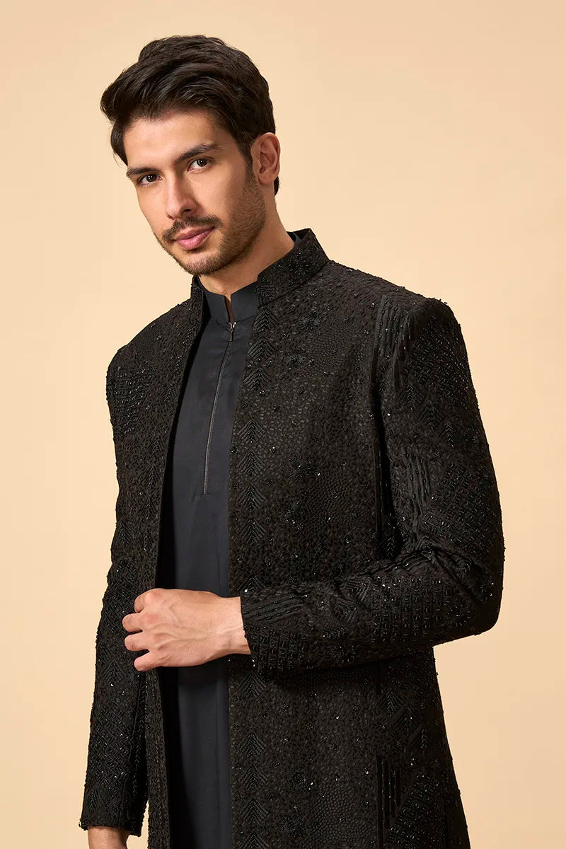 Black Matka Silk Indo western set with Resham & Bead Embroidery