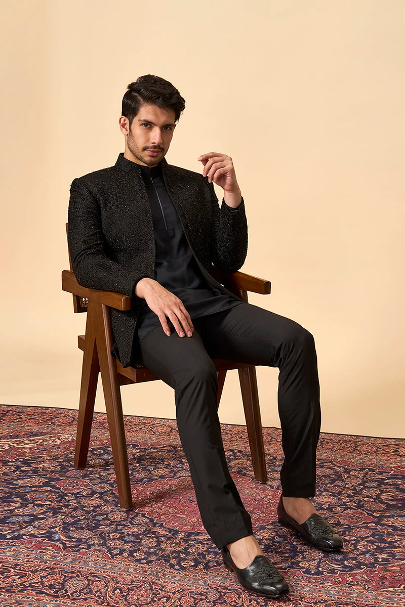 Black Matka Silk Indo western set with Resham & Bead Embroidery