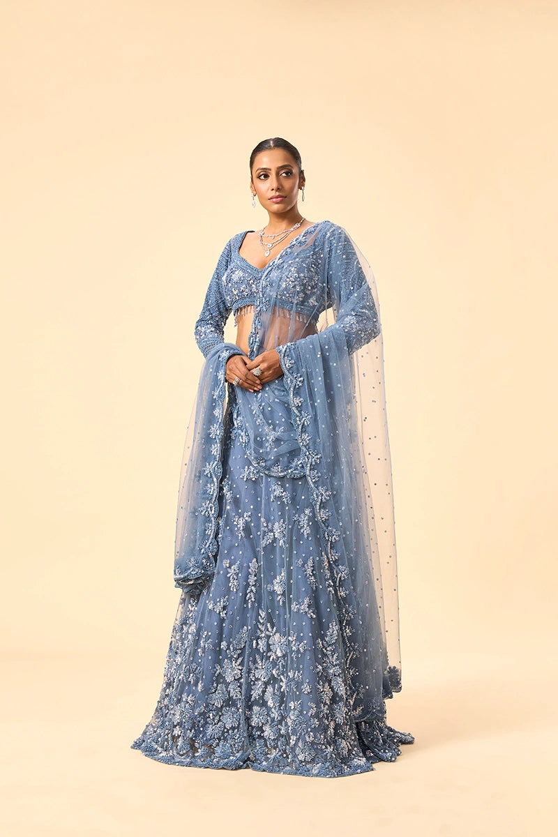 Powder Blue Floral Sequin & Beadwork Lehenga