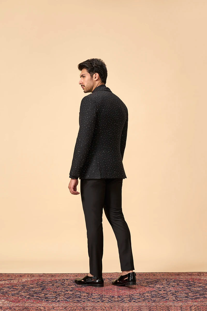 Black Jute Silk Self-Embroidered Tuxedo