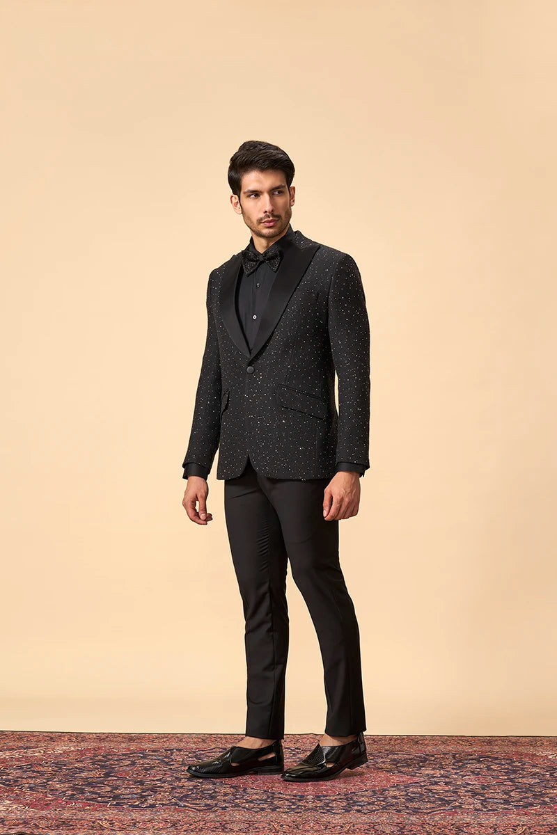 Black Jute Silk Self-Embroidered Tuxedo