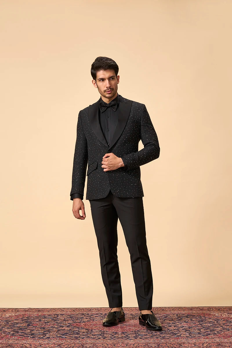 Black Jute Silk Self-Embroidered Tuxedo