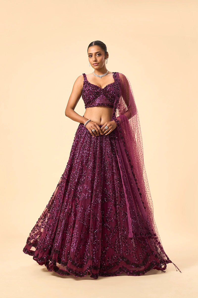 Wine Floral Sequin Hand-Embroidered Lehenga with Dupatta