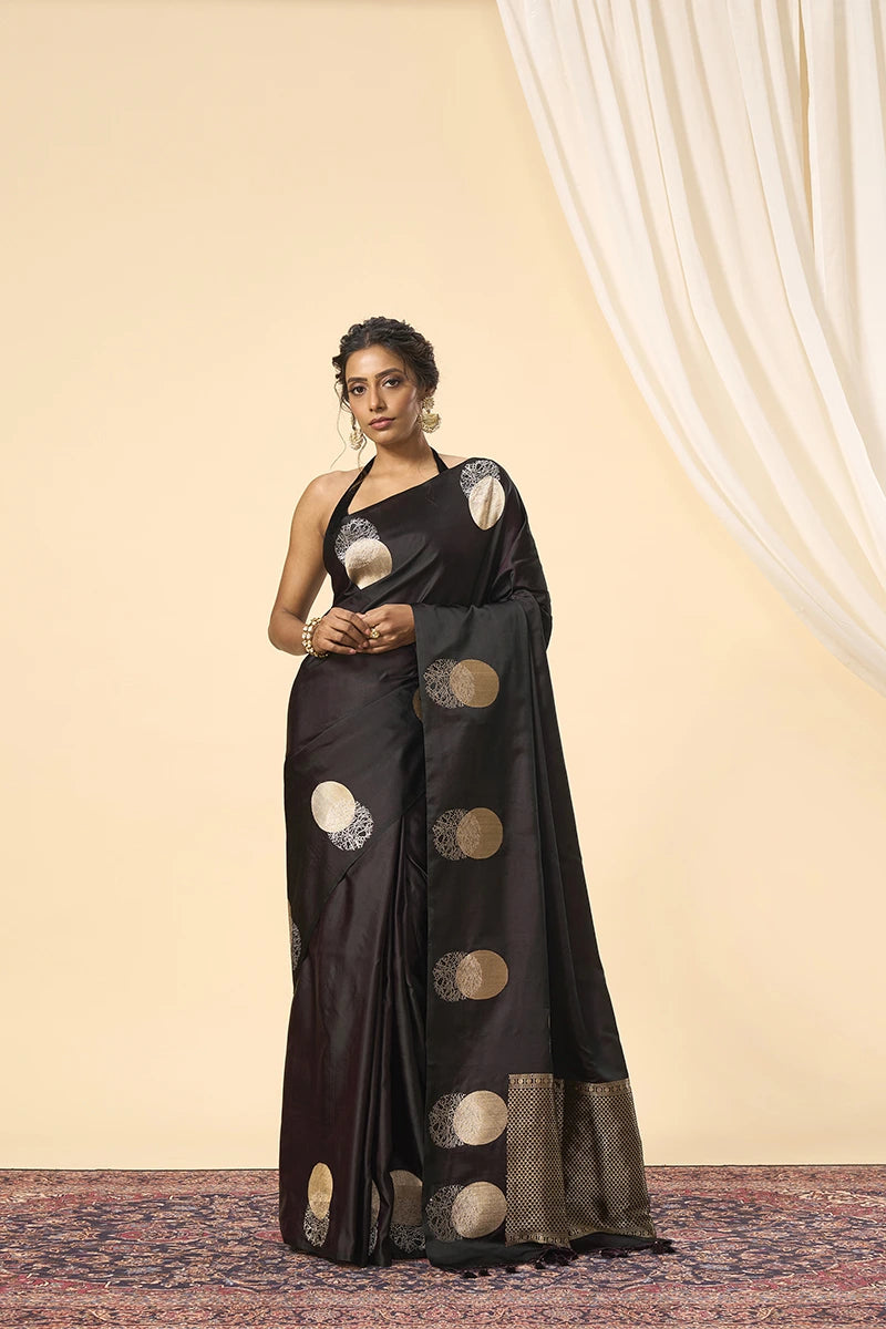 Banarasi Soft Satin Saree with Handwoven Silver–Gold Motifs
