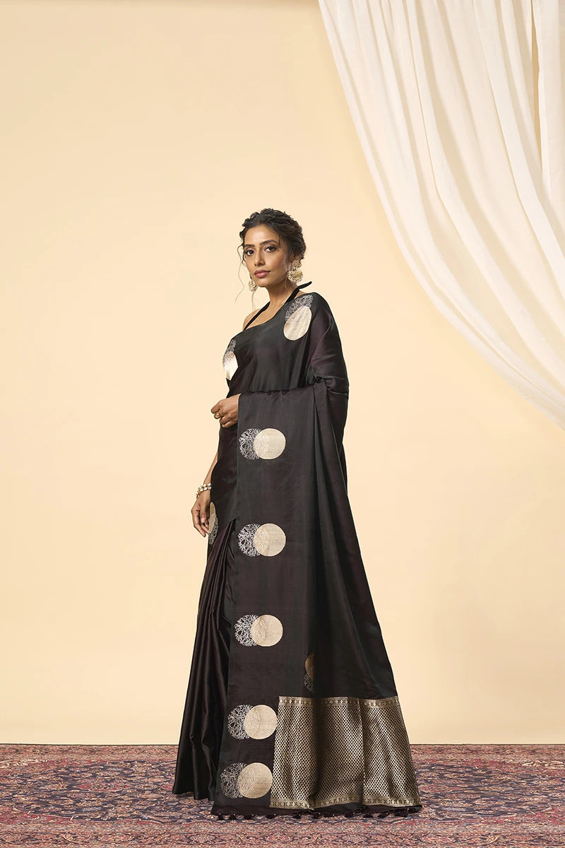 Banarasi Soft Satin Saree with Handwoven Silver–Gold Motifs