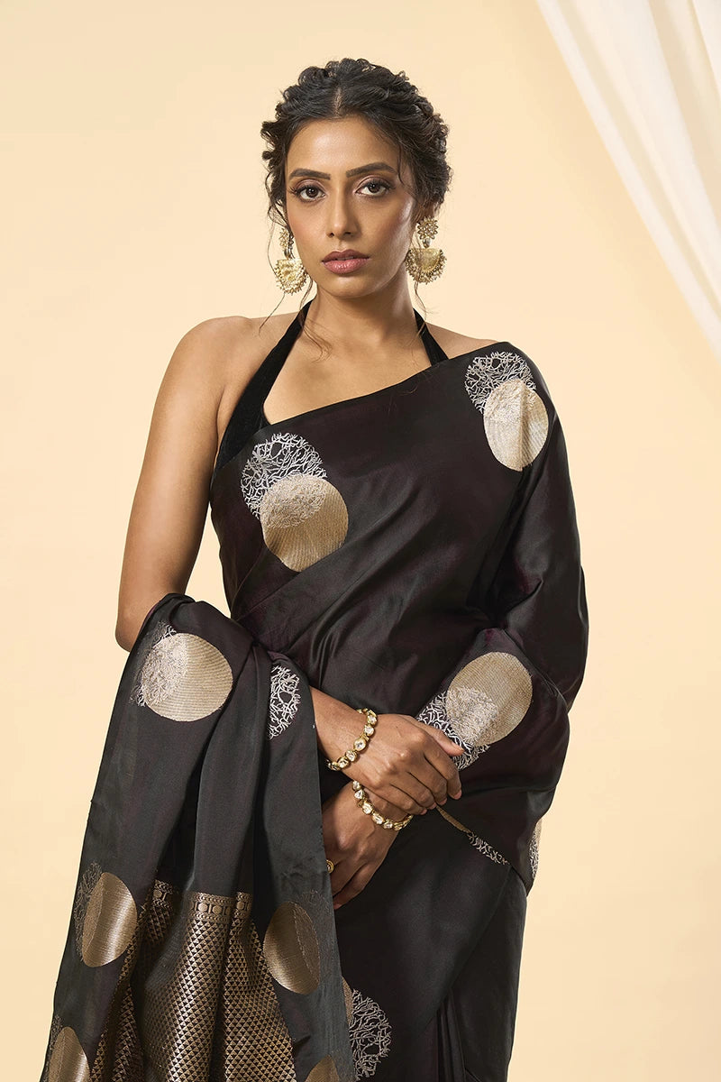 Banarasi Soft Satin Saree with Handwoven Silver–Gold Motifs