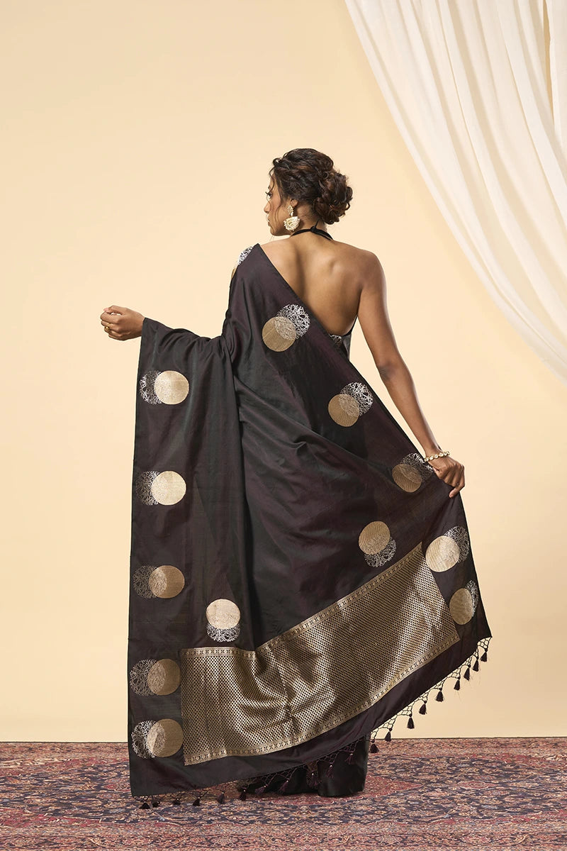 Banarasi Soft Satin Saree with Handwoven Silver–Gold Motifs