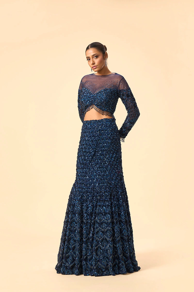 Electric Blue Katdana & Sequin Embellished Net Lehenga Set