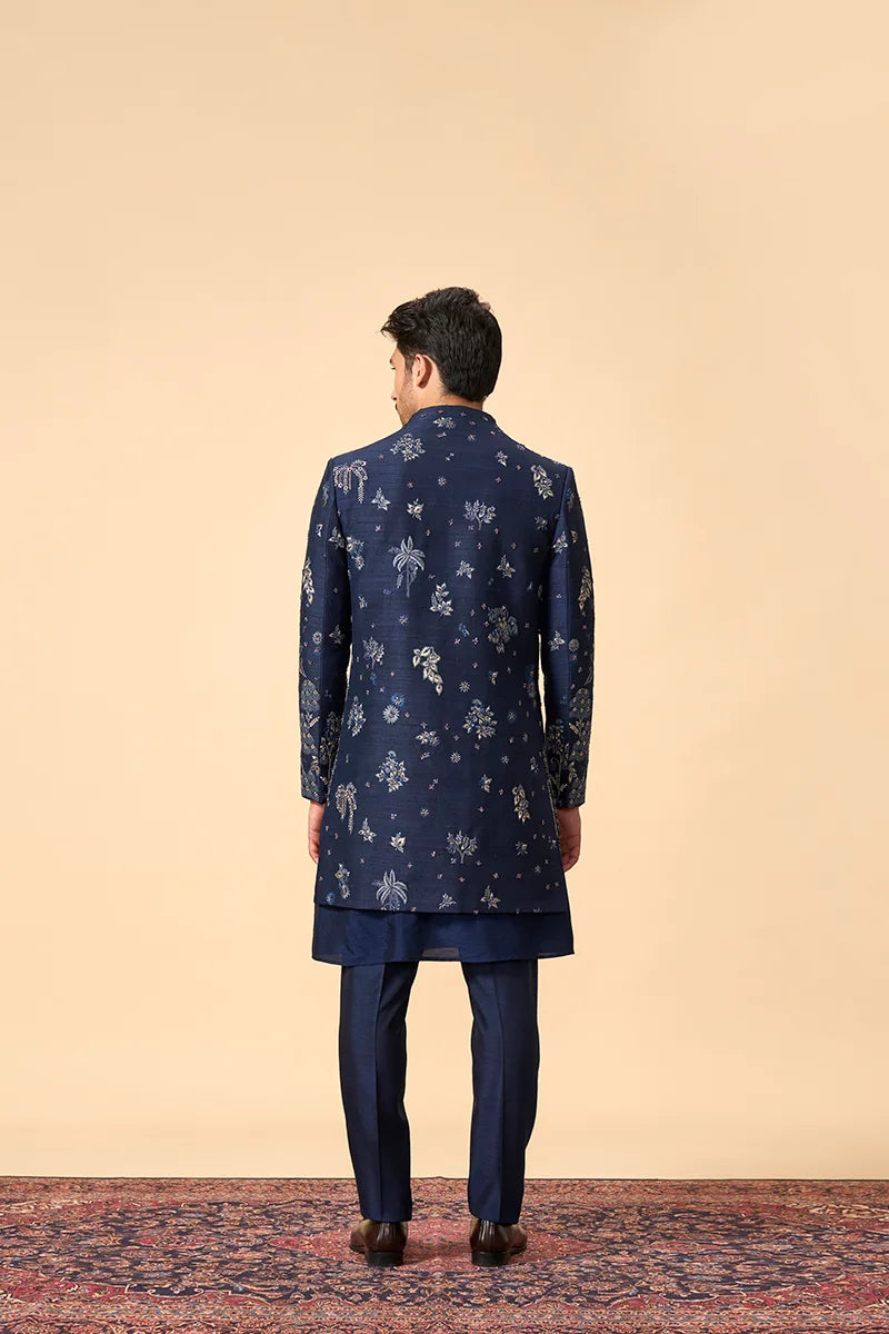 Royal Blue Zardosi Embroidered High-Neck Indo-Western Set