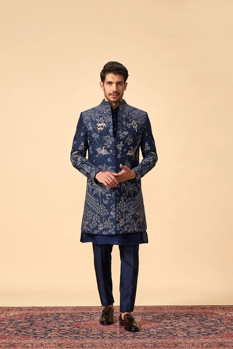 Royal Blue Zardosi Embroidered High-Neck Indo-Western Set