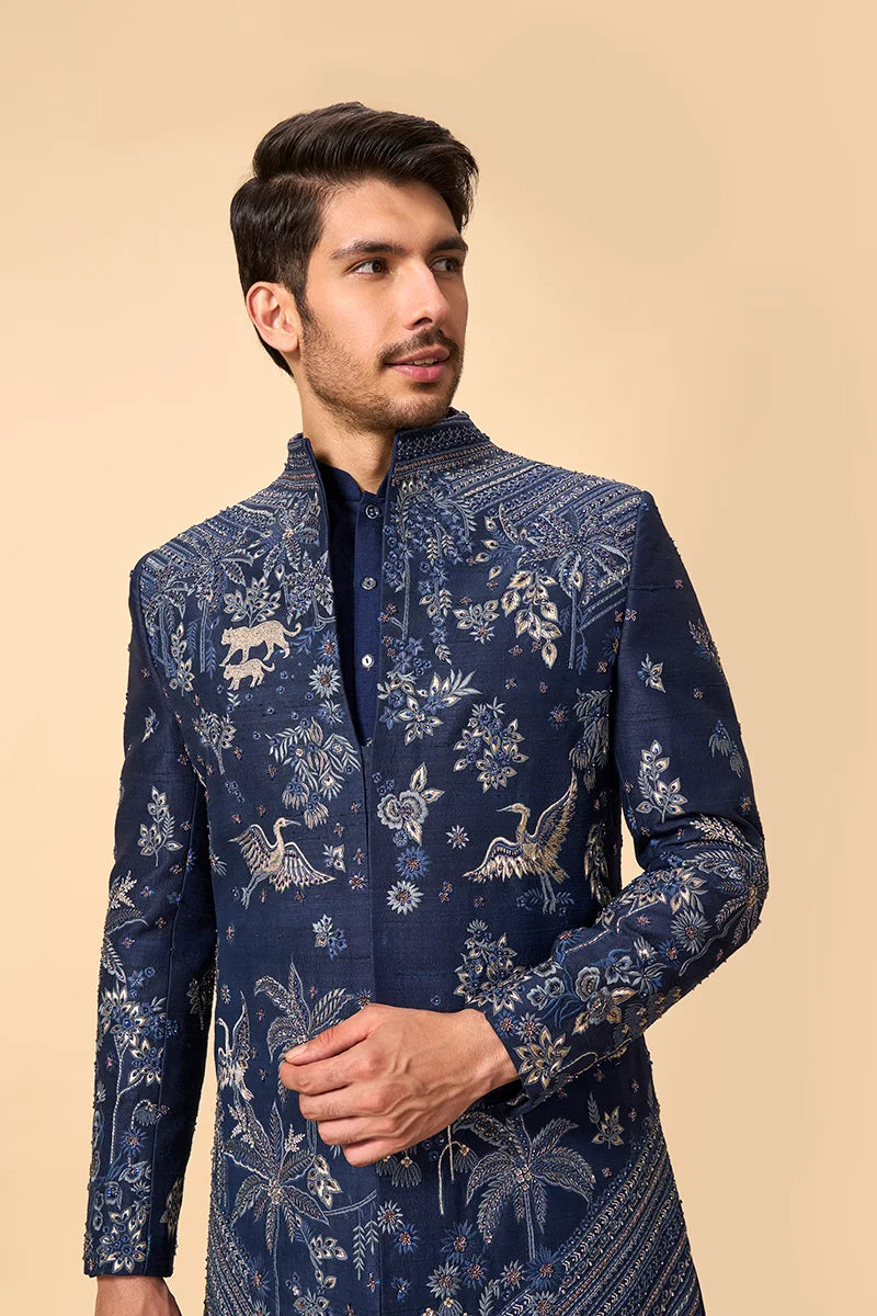 Royal Blue Zardosi Embroidered High-Neck Indo-Western Set