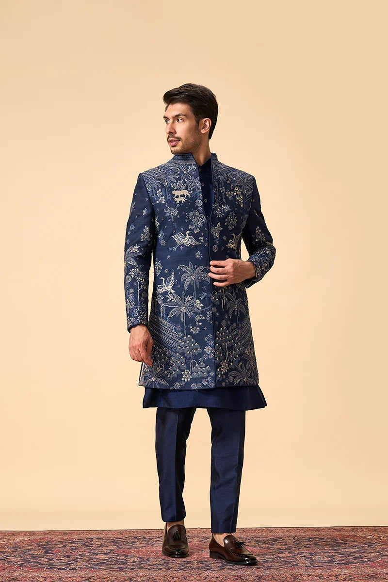 Royal Blue Zardosi Embroidered High-Neck Indo-Western Set