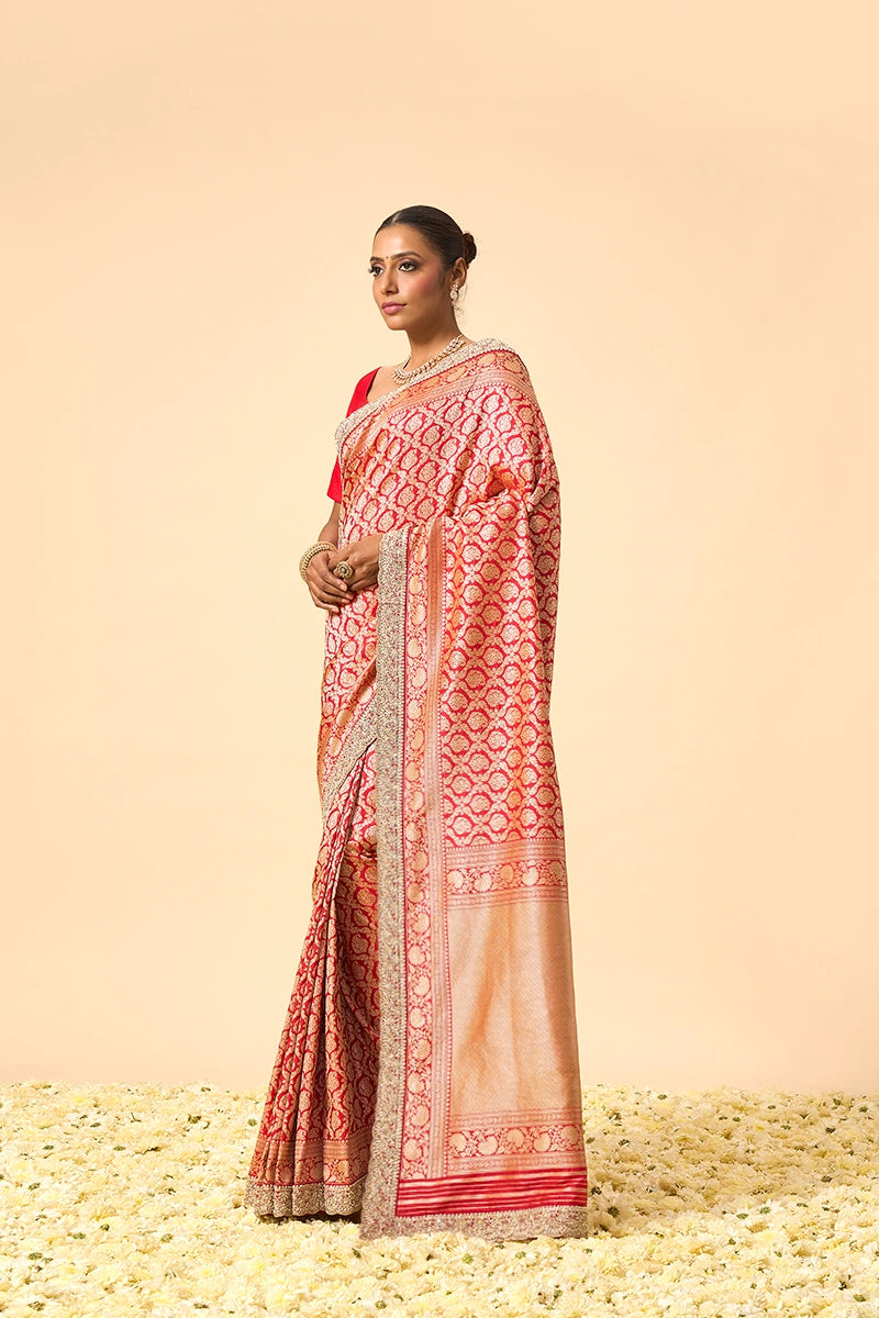 Red Banarasi Silk Saree with Intricate Pita, Zardosi, Sequin & Pearl Work