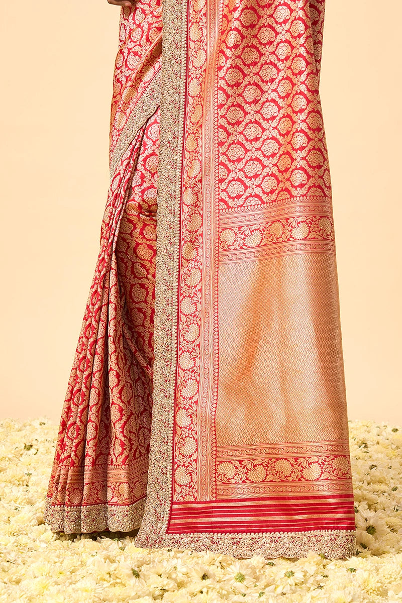 Red Banarasi Silk Saree with Intricate Pita, Zardosi, Sequin & Pearl Work