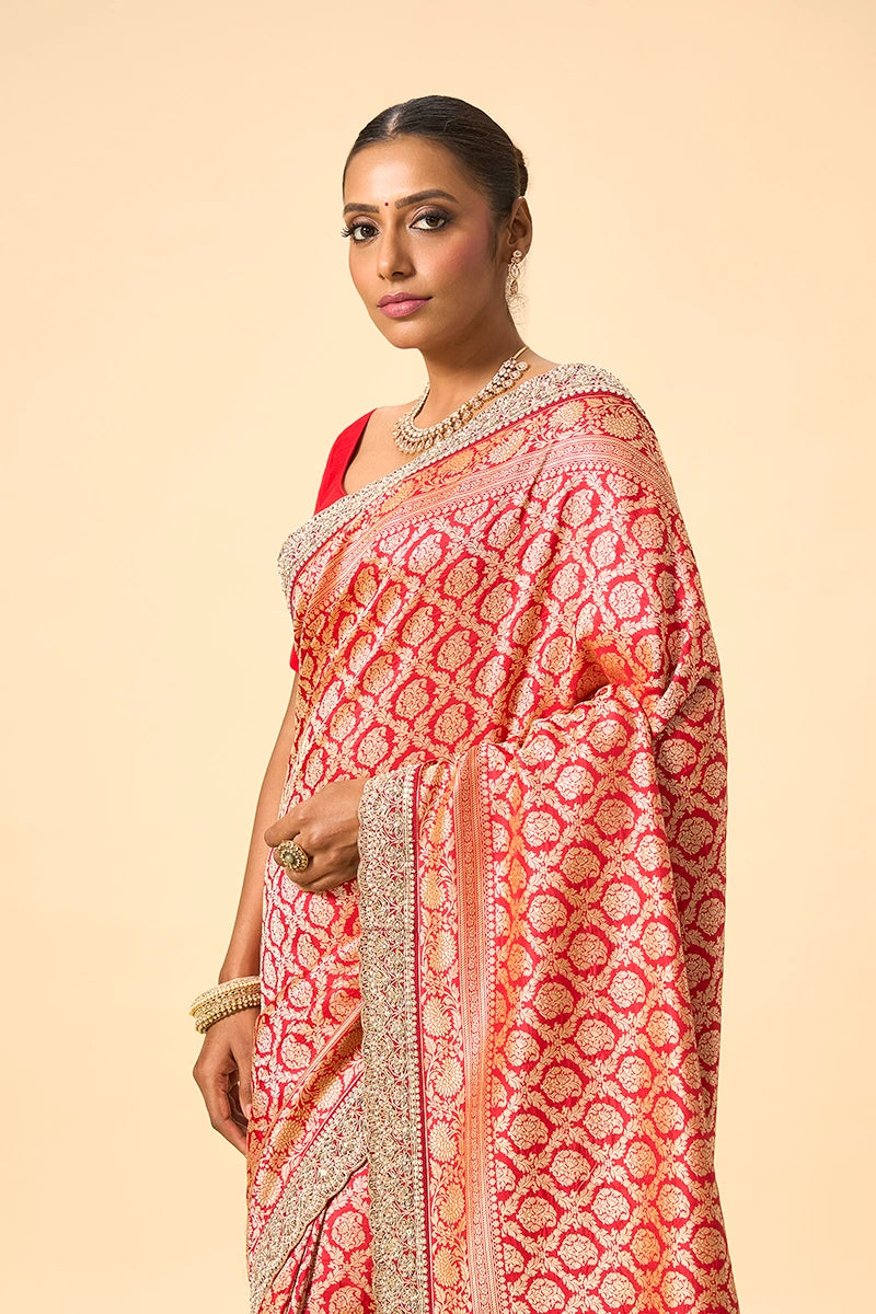 Red Banarasi Silk Saree with Intricate Pita, Zardosi, Sequin & Pearl Work