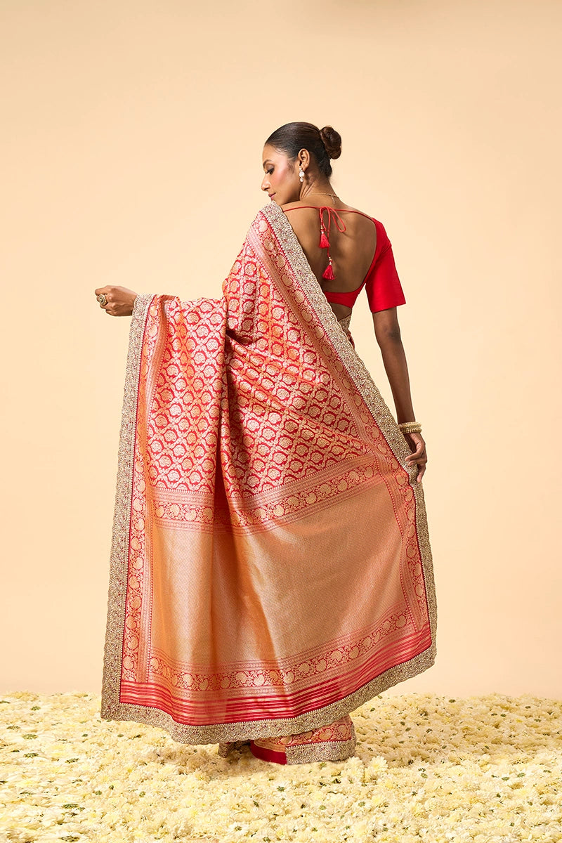 Red Banarasi Silk Saree with Intricate Pita, Zardosi, Sequin & Pearl Work