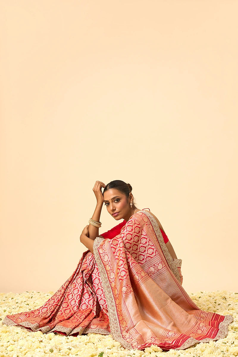 Red Banarasi Silk Saree with Intricate Pita, Zardosi, Sequin & Pearl Work