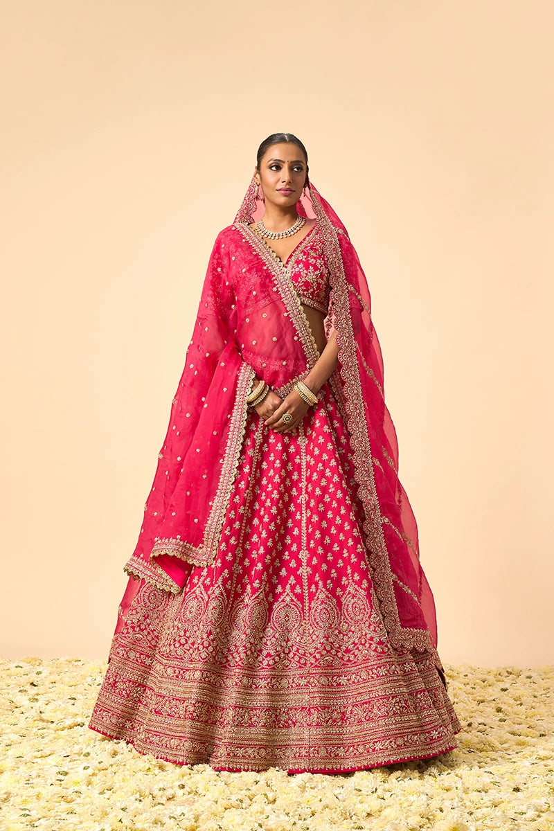 Pink Dupion Silk Bridal Lehenga with Heavy Zardosi & Sequin Work