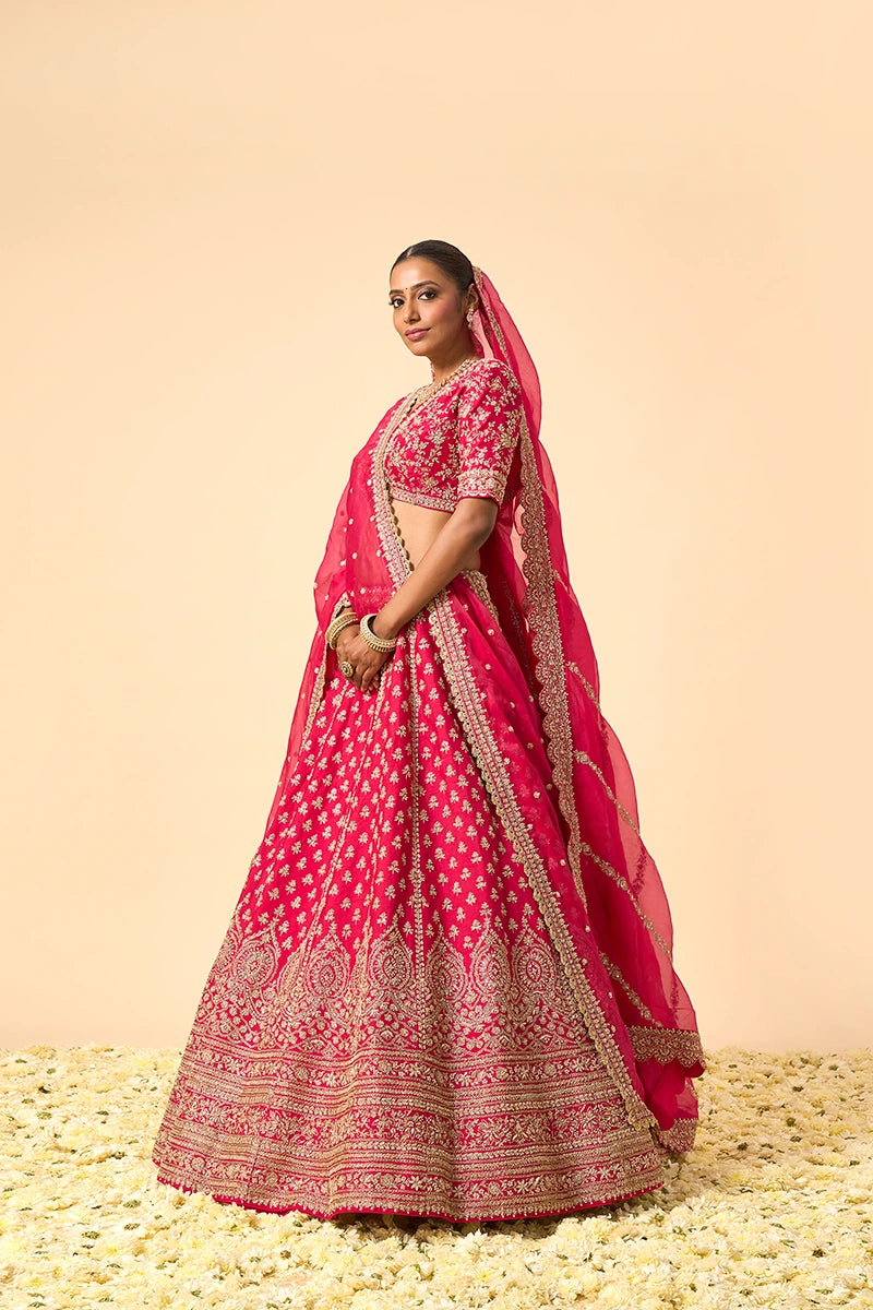 Pink Dupion Silk Bridal Lehenga with Heavy Zardosi & Sequin Work