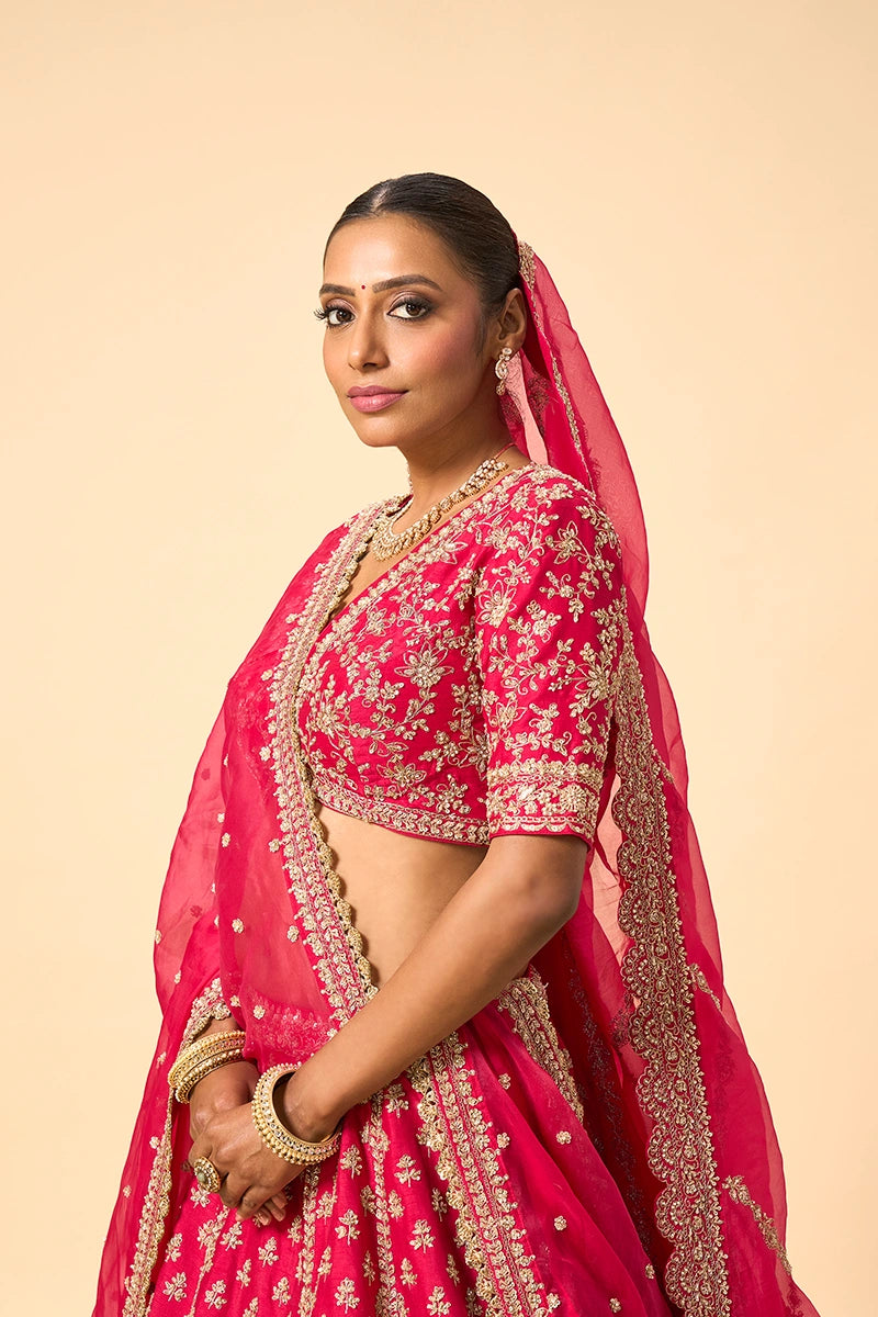 Pink Dupion Silk Bridal Lehenga with Heavy Zardosi & Sequin Work