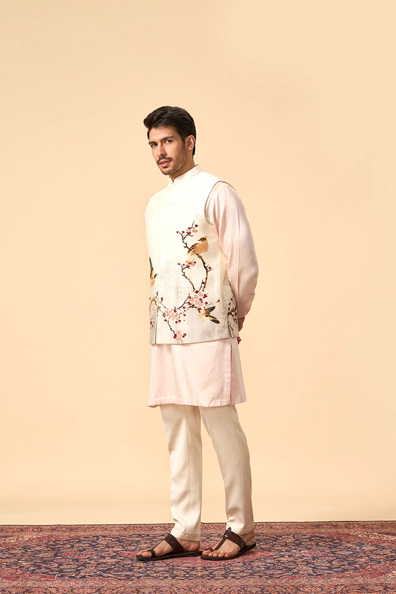 Off-White & Blush Pink Embroidered 3-Piece Kurta Jacket Set
