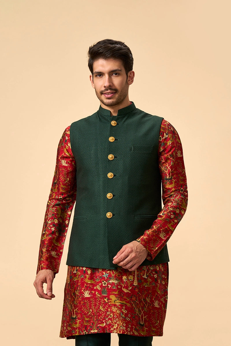 Green Quilted Jacket Set with Printed Kurta set