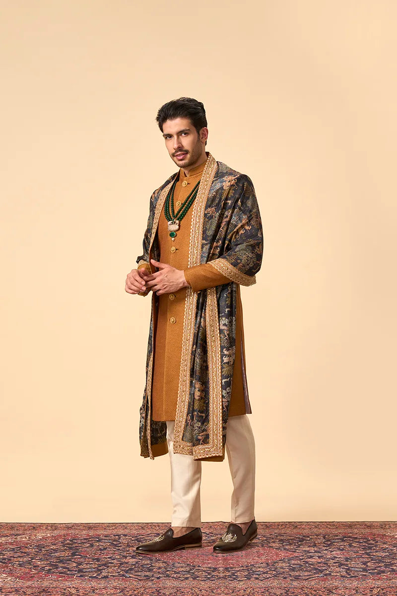 Rust Quilted Silk Sherwani with Embellished Dupatta