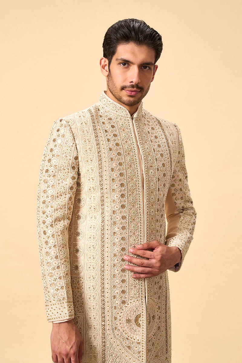 Beige embroidered sherwani