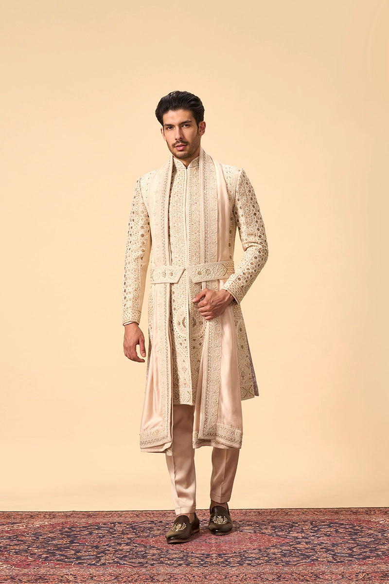 Beige embroidered sherwani