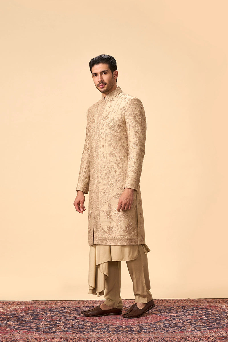 Golden Groom Sherwani with Handcrafted Embroidery & Zari Dupatta