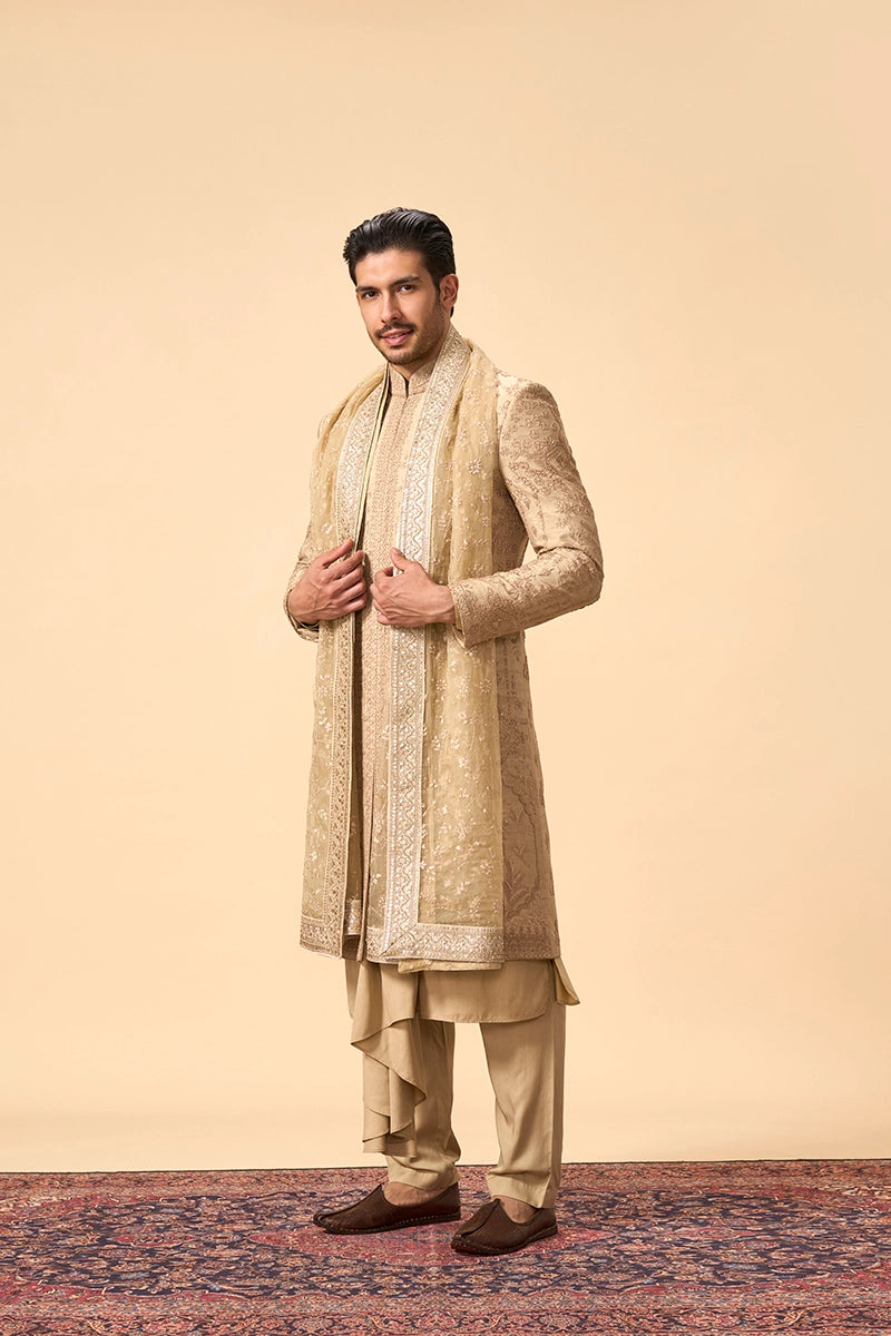 Golden Groom Sherwani with Handcrafted Embroidery & Zari Dupatta