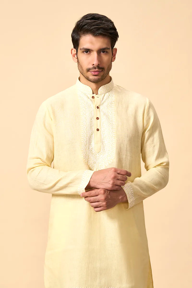 Lemon Yellow Linen Kurta with Intricate White Thread Embroidery
