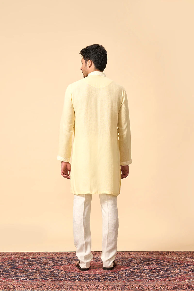 Lemon Yellow Linen Kurta with Intricate White Thread Embroidery