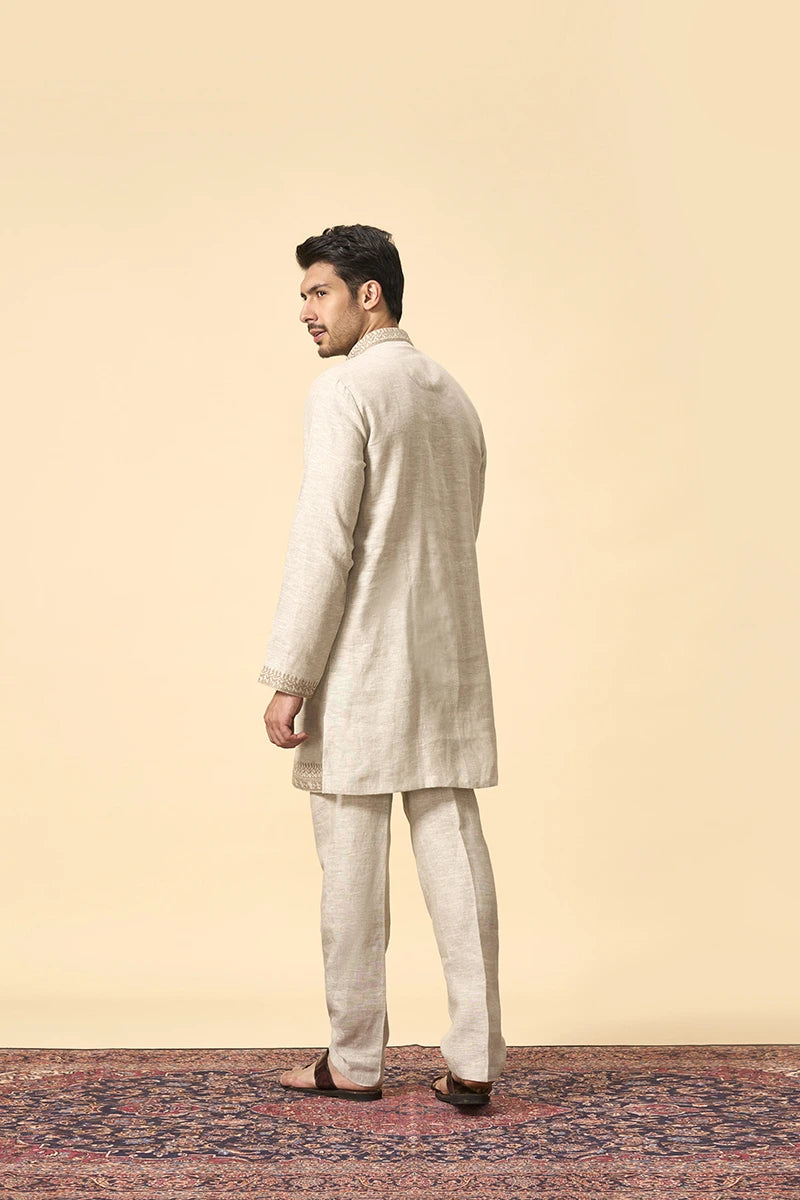 Elegant Natural Linen Kurta with Intricate Thread Embroidery