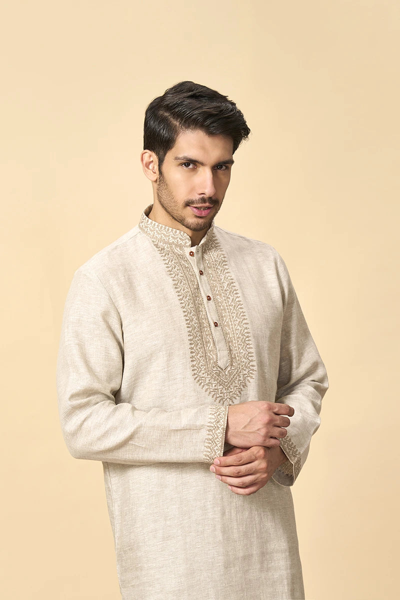 Elegant Natural Linen Kurta with Intricate Thread Embroidery