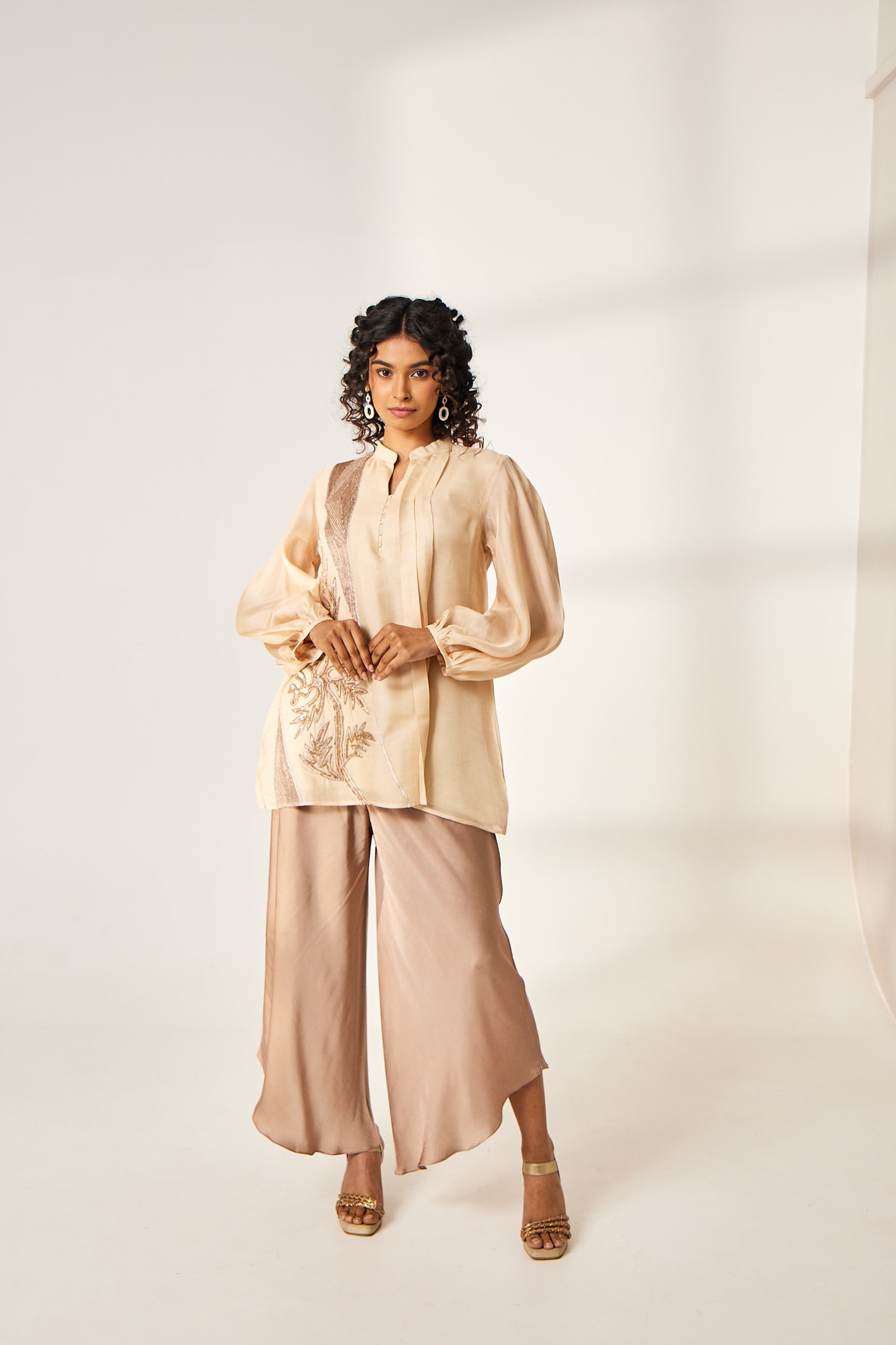A woman poses in a palazzo satin silk pant and an Indo-Western hem top with resham thread work from BenzerWorld.