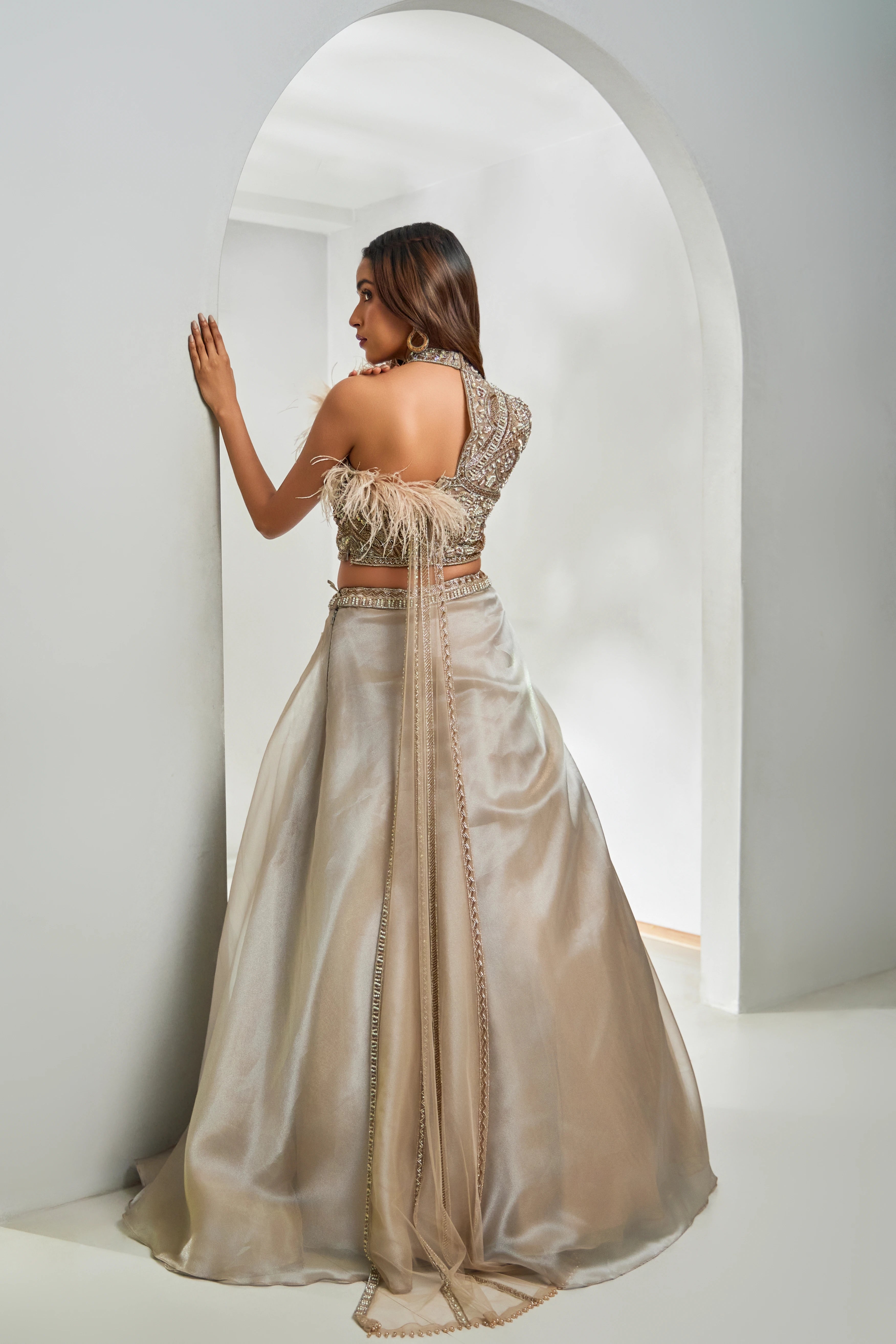 Golden Gray One Shoulder Blouse And Ghagra Set