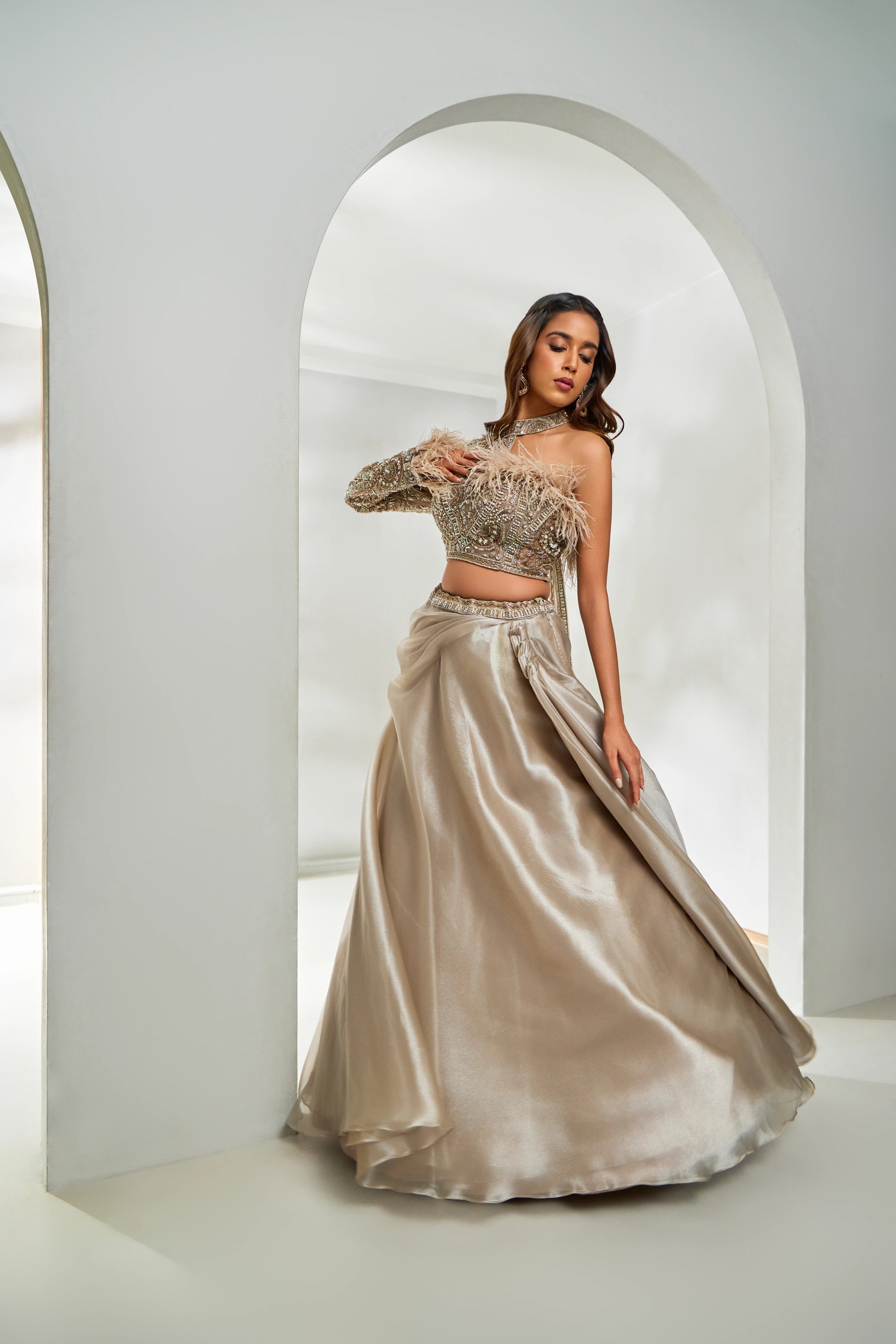 Golden Gray One Shoulder Blouse And Ghagra Set